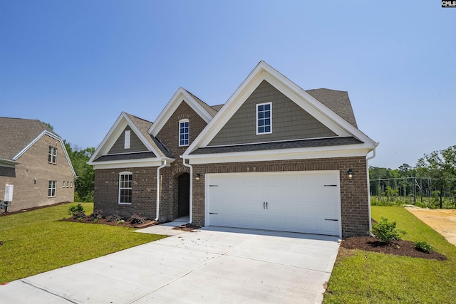 259 Backspin Dr, Elgin, SC 29045 - view of front of home featuring brick siding, driveway, a front yard, and an attached garage
