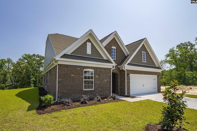 259 Backspin Dr, Elgin, SC 29045 - view of front facade with brick siding, a garage, driveway, a front yard, and a shingled roof