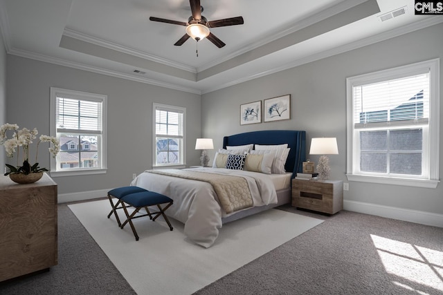 2340 Hadley Xing, Chapin, SC 29036 - bedroom featuring carpet flooring, a tray ceiling, crown molding, and ceiling fan