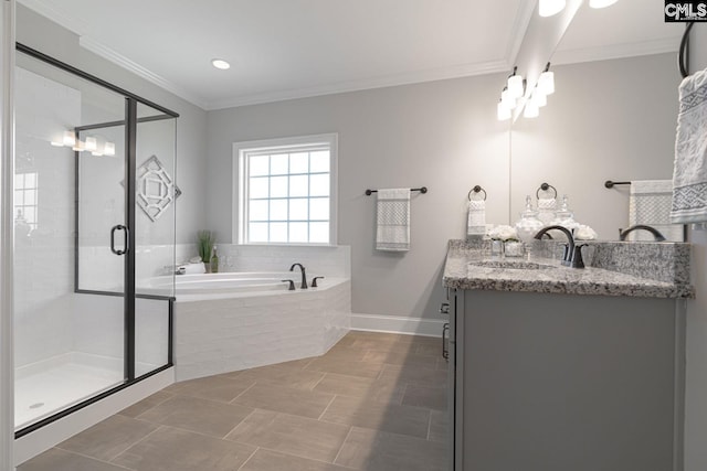 2340 Hadley Xing, Chapin, SC 29036 - full bath with a bath, vanity, a shower stall, ornamental molding, and recessed lighting