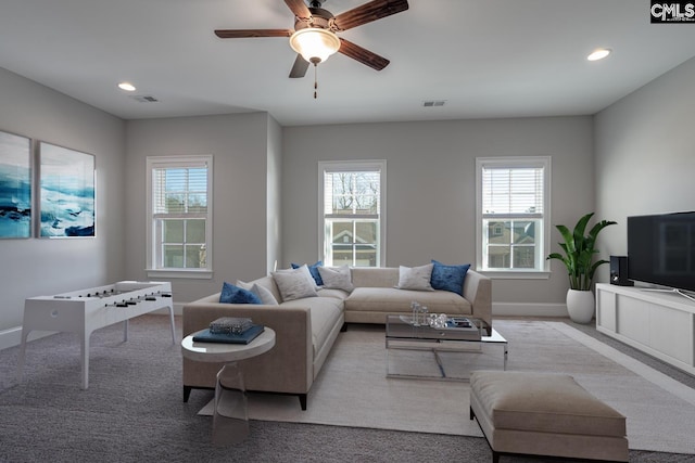 2340 Hadley Xing, Chapin, SC 29036 - living area with carpet floors, healthy amount of natural light, a ceiling fan, and recessed lighting