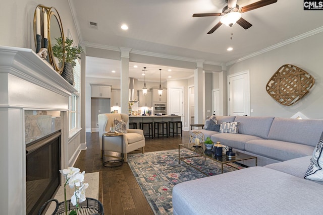 2340 Hadley Xing, Chapin, SC 29036 - living room featuring decorative columns, ceiling fan, dark wood-style flooring, crown molding, and a fireplace