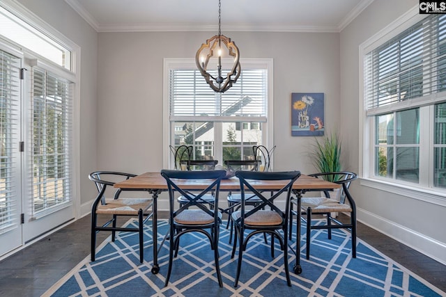 2340 Hadley Xing, Chapin, SC 29036 - dining space featuring healthy amount of natural light, a chandelier, dark wood-type flooring, and crown molding
