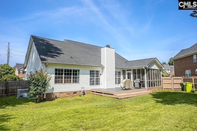 108 Warden Way, Irmo, SC 29063 - back of property featuring a sunroom, a deck, a chimney, crawl space, and a shingled roof