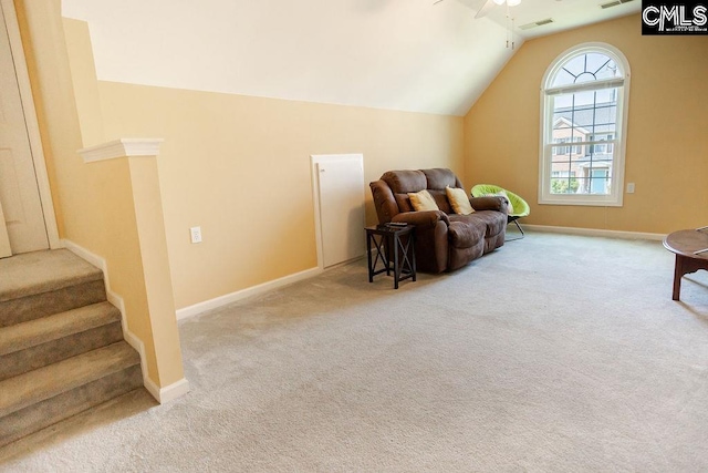 108 Warden Way, Irmo, SC 29063 - sitting room featuring carpet, a ceiling fan, stairway, and vaulted ceiling