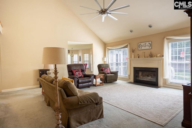 108 Warden Way, Irmo, SC 29063 - living room featuring light colored carpet, a ceiling fan, high vaulted ceiling, and a fireplace with flush hearth