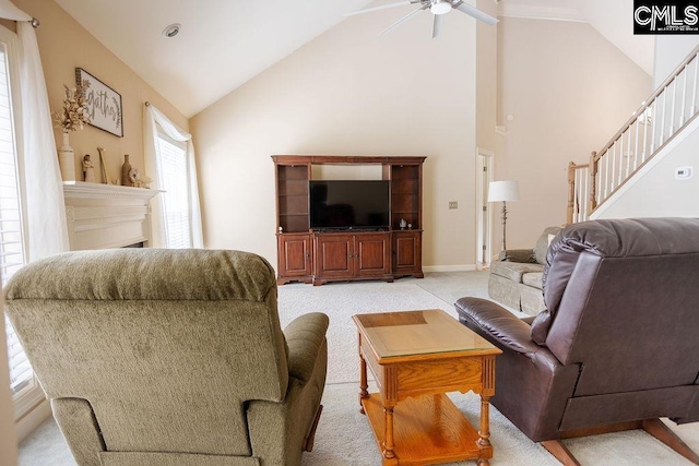 108 Warden Way, Irmo, SC 29063 - living area featuring light carpet, a ceiling fan, stairs, and high vaulted ceiling