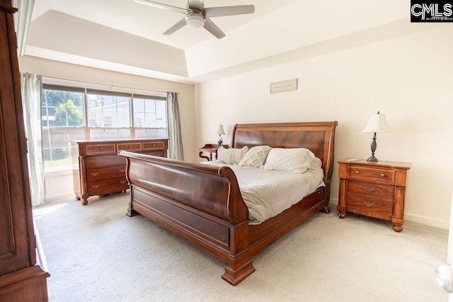 108 Warden Way, Irmo, SC 29063 - bedroom with light carpet, a tray ceiling, and a ceiling fan