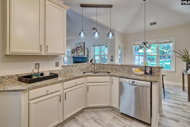 305 W Ashford Way, Irmo, SC 29063 - kitchen featuring stainless steel dishwasher, lofted ceiling, a peninsula, pendant lighting, and light stone counters