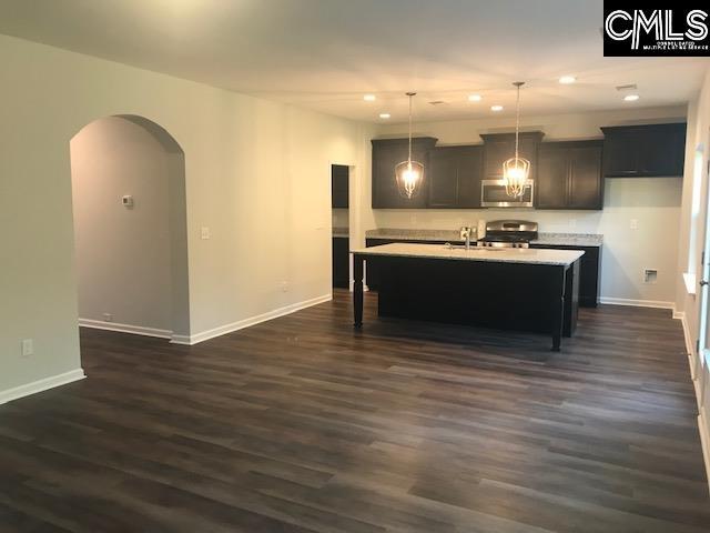 1351 Tamarind Ln, Chapin, SC 29036 - kitchen with stainless steel microwave, range, recessed lighting, light countertops, and arched walkways
