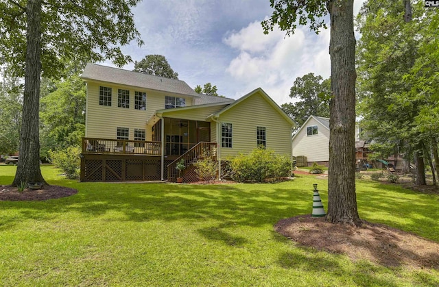 1040 Night Harbor Cir, Chapin, SC 29036 - rear view of house featuring a sunroom, a lawn, a wooden deck, and stairway