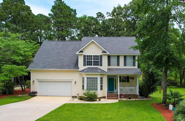 1040 Night Harbor Cir, Chapin, SC 29036 - view of front of house featuring a porch, concrete driveway, an attached garage, a shingled roof, and a front lawn