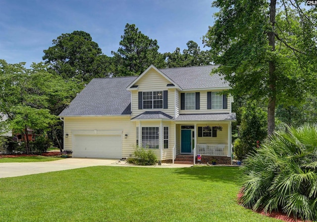 1040 Night Harbor Cir, Chapin, SC 29036 - view of front facade with an attached garage, roof with shingles, covered porch, concrete driveway, and a front yard