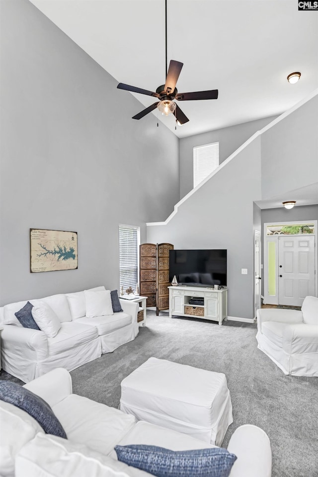 1040 Night Harbor Cir, Chapin, SC 29036 - living area featuring high vaulted ceiling, carpet, and ceiling fan