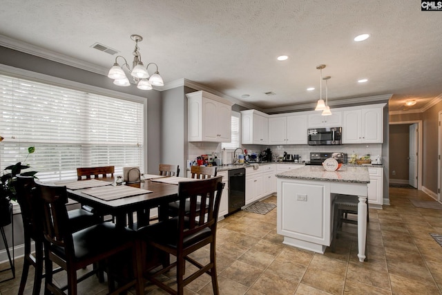 7 Chickasaw Cir, Columbia, SC 29229 - kitchen featuring black appliances, ornamental molding, white cabinetry, tasteful backsplash, and a kitchen island