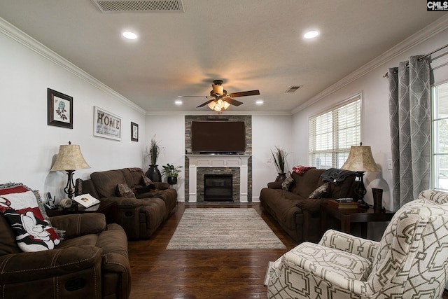 7 Chickasaw Cir, Columbia, SC 29229 - living area featuring dark wood finished floors, a ceiling fan, recessed lighting, ornamental molding, and a fireplace