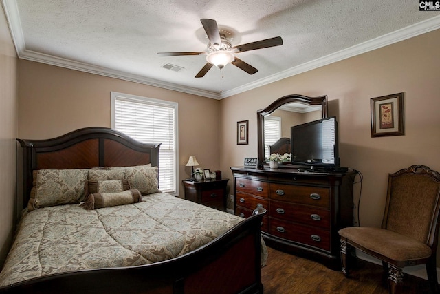 7 Chickasaw Cir, Columbia, SC 29229 - bedroom with dark wood-style flooring, ornamental molding, a textured ceiling, and ceiling fan