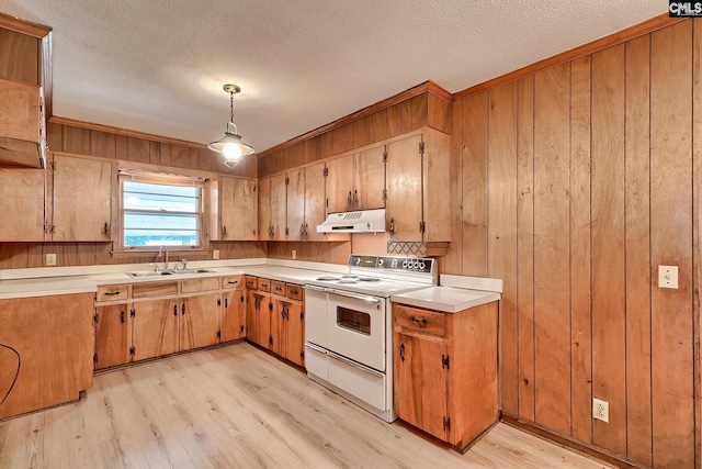 1700 Cermack St, Columbia, SC 29223 - kitchen with white electric range, under cabinet range hood, light wood-type flooring, wooden walls, and light countertops