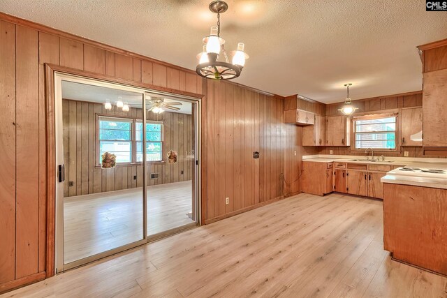 1700 Cermack St, Columbia, SC 29223 - kitchen featuring a chandelier, healthy amount of natural light, light wood-type flooring, wooden walls, and a textured ceiling