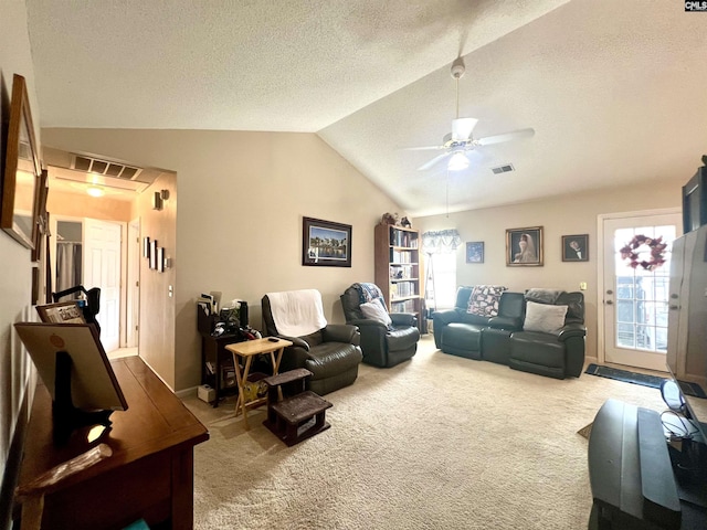 213 Rice Hill Ct, Lexington, SC 29072 - living room featuring vaulted ceiling, carpet flooring, a ceiling fan, and a textured ceiling