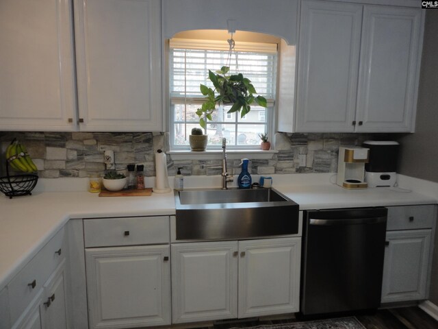 3909 E Peach Rd, Ridgeway, SC 29130 - kitchen featuring stainless steel dishwasher, white cabinetry, and backsplash