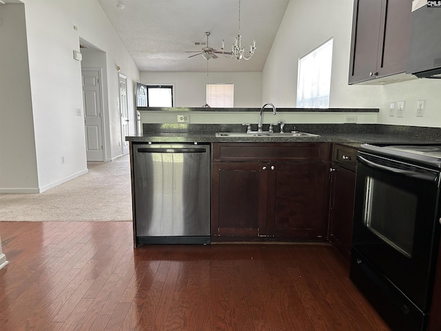 206 Windsor Village Dr, Columbia, SC 29223 - kitchen with dishwasher, electric range, a peninsula, dark brown cabinets, and plenty of natural light