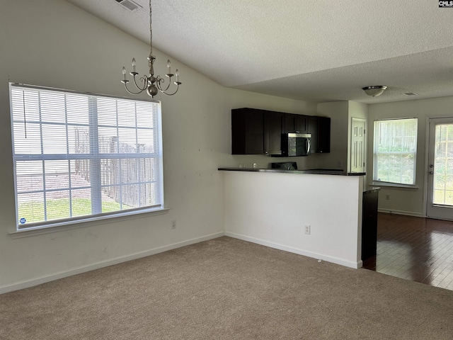 206 Windsor Village Dr, Columbia, SC 29223 - kitchen with stainless steel microwave, a textured ceiling, dark carpet, a chandelier, and dark cabinetry