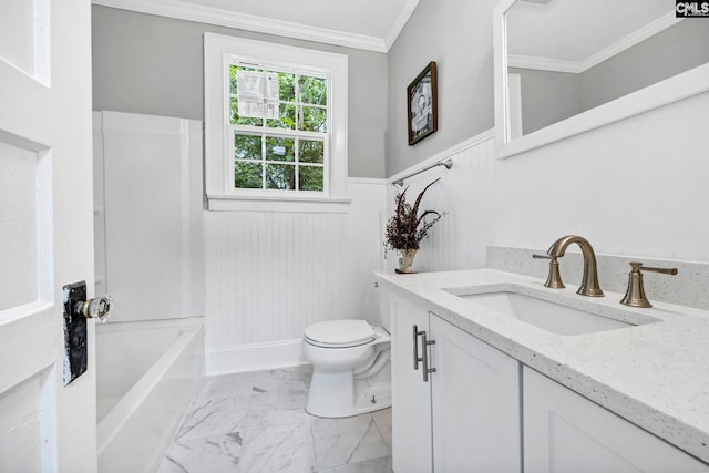 2625 Harrison Rd, Columbia, SC 29204 - bathroom with vanity, marble look tiles, crown molding, and a wainscoted wall