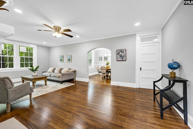 2625 Harrison Rd, Columbia, SC 29204 - living room with arched walkways, ceiling fan, healthy amount of natural light, dark wood-style flooring, and recessed lighting