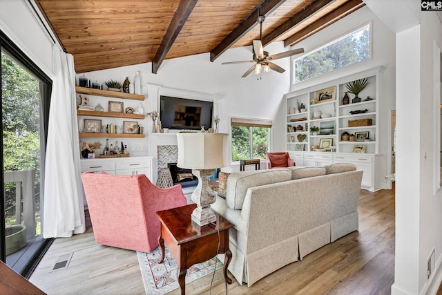131 Leeward Rd, Columbia, SC 29212 - living area featuring a ceiling fan, wooden ceiling, light wood finished floors, and a tiled fireplace