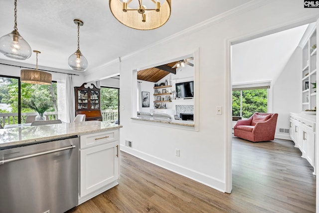 131 Leeward Rd, Columbia, SC 29212 - kitchen featuring dishwasher, a fireplace, healthy amount of natural light, crown molding, and vaulted ceiling