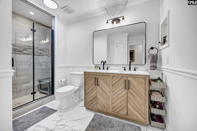 131 Leeward Rd, Columbia, SC 29212 - full bathroom with marble look tiles, ornamental molding, double vanity, a wainscoted wall, and a stall shower