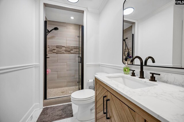 131 Leeward Rd, Columbia, SC 29212 - full bath featuring vanity, crown molding, a stall shower, and recessed lighting