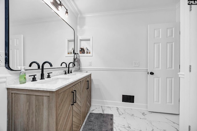 131 Leeward Rd, Columbia, SC 29212 - full bathroom with marble look tile flooring, double vanity, and crown molding