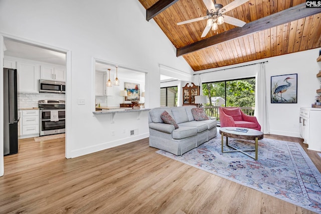 131 Leeward Rd, Columbia, SC 29212 - living room featuring ceiling fan, light wood-style flooring, high vaulted ceiling, a wooden ceiling with exposed beams, and a chandelier