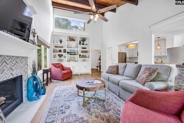 131 Leeward Rd, Columbia, SC 29212 - living area with a towering ceiling, a fireplace, a ceiling fan, light wood-style flooring, and a wood ceiling with exposed beams
