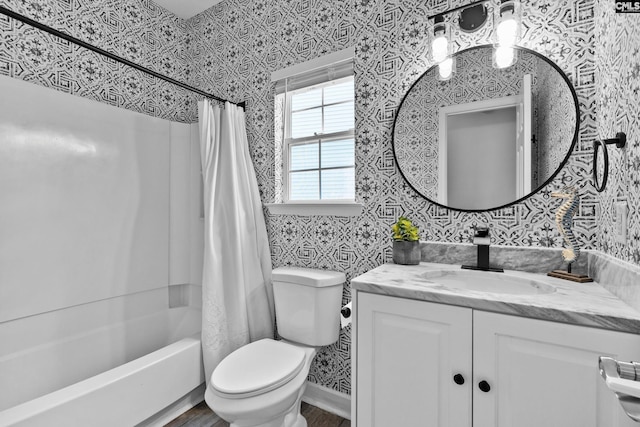 2 Alverston Ct, Irmo, SC 29063 - full bath featuring wallpapered walls, vanity, shower / bath combo with shower curtain, and wood finished floors