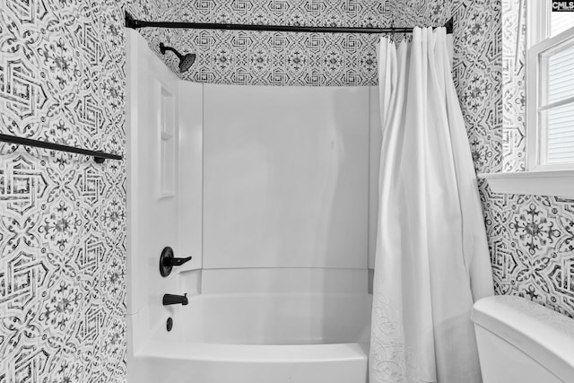 2 Alverston Ct, Irmo, SC 29063 - bathroom featuring wallpapered walls and shower / bath combination with curtain