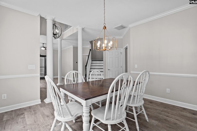2 Alverston Ct, Irmo, SC 29063 - dining room with a chandelier, stairway, wood finished floors, ornamental molding, and decorative columns