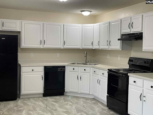 205 Hamilton Place Rd, Columbia, SC 29229 - kitchen featuring black appliances, under cabinet range hood, white cabinets, light countertops, and a textured ceiling