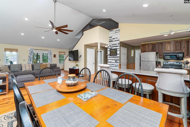 1326 Cedar Cove Rd, Camden, SC 29020 - dining room with ceiling fan, high vaulted ceiling, light wood-style floors, and recessed lighting