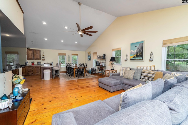 1326 Cedar Cove Rd, Camden, SC 29020 - living room with ceiling fan, high vaulted ceiling, light wood-style floors, and recessed lighting