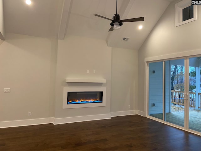 196 Osprey Pointe Ln, Prosperity, SC 29127 - unfurnished living room with high vaulted ceiling, a ceiling fan, dark wood finished floors, a glass covered fireplace, and recessed lighting