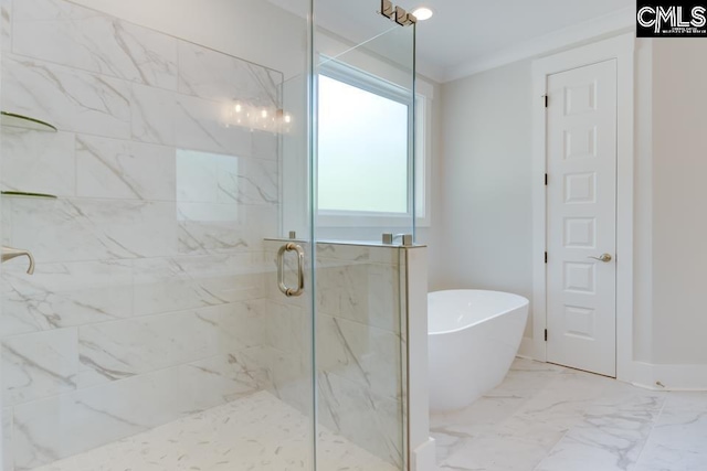 196 Osprey Pointe Ln, Prosperity, SC 29127 - bathroom with a marble finish shower, a soaking tub, and marble finish flooring