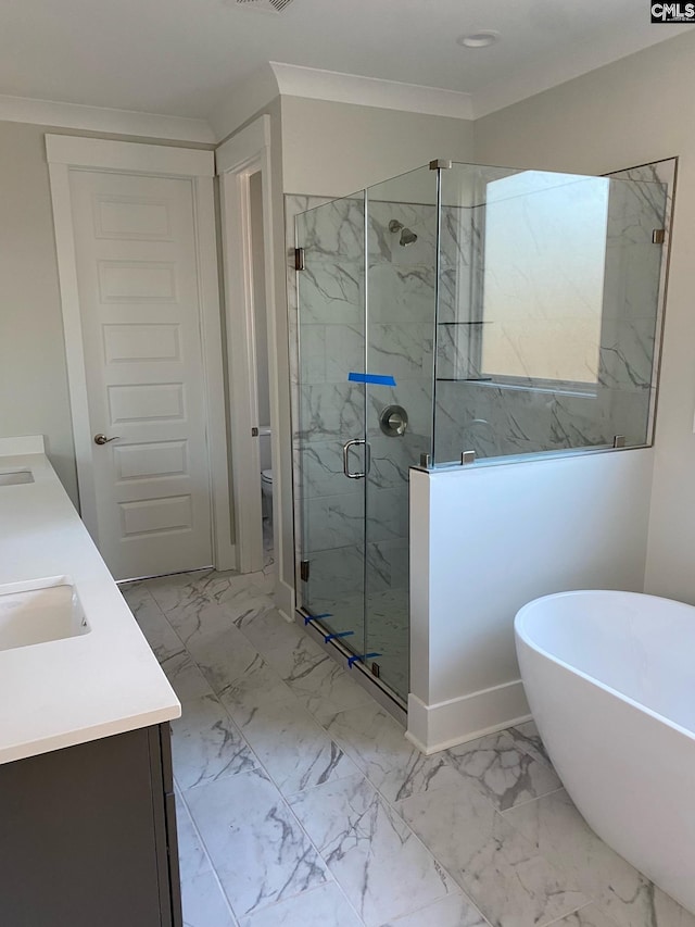 196 Osprey Pointe Ln, Prosperity, SC 29127 - full bath featuring double vanity, marble look tile flooring, a marble finish shower, and a freestanding bath