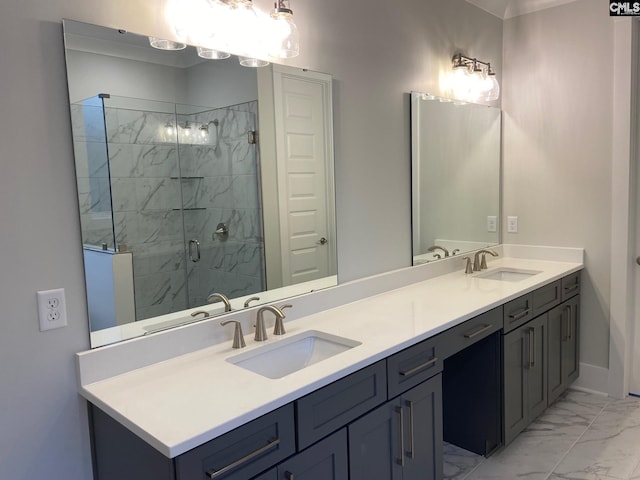 196 Osprey Pointe Ln, Prosperity, SC 29127 - full bath with marble look tile flooring, double vanity, and a stall shower