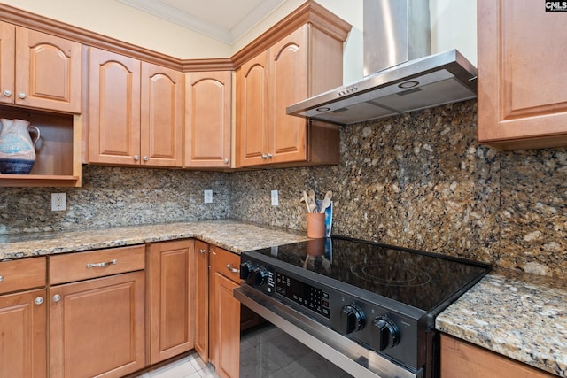 5 Shaftesbury Ln, Columbia, SC 29209 - kitchen featuring wall chimney range hood, electric range, ornamental molding, decorative backsplash, and light stone counters