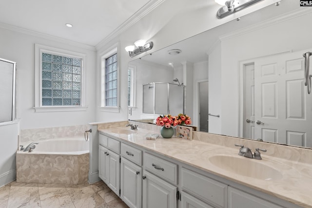5 Shaftesbury Ln, Columbia, SC 29209 - bathroom featuring double vanity, a stall shower, a garden tub, marble look tile flooring, and crown molding
