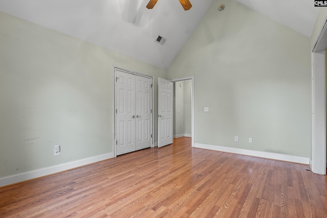 5 Shaftesbury Ln, Columbia, SC 29209 - unfurnished bedroom with high vaulted ceiling, light wood-type flooring, a closet, and ceiling fan