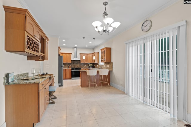 5 Shaftesbury Ln, Columbia, SC 29209 - kitchen with appliances with stainless steel finishes, wall chimney range hood, a breakfast bar, ornamental molding, and a peninsula